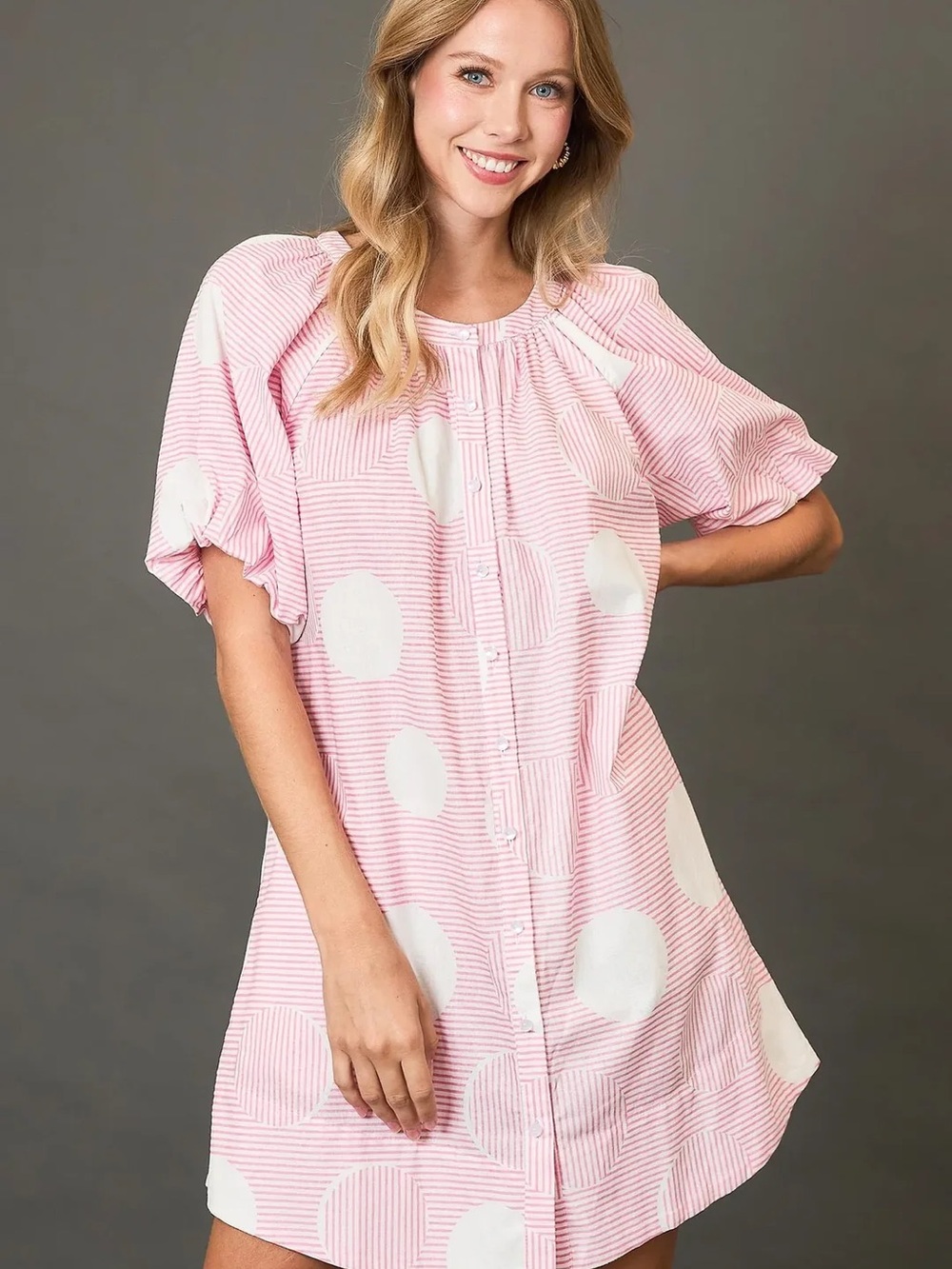 Umgee Pink White Geometric Stripe Button Front Dress cotton M Boho Cottagecore